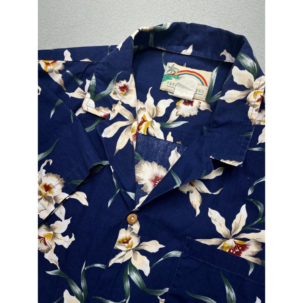 VTG 80s Paradise Found Men Navy Blue Orchid Floral Cotton Hawaiian Aloha Shirt M